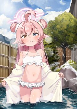 1girl :3 ahoge alternate_hairstyle bikini blue_archive blue_eyes blush double_bun fang flat_chest frilled_bikini frills gluteal_fold hair_bun halo heterochromia highres hoshino_(blue_archive) hoshino_(swimsuit)_(blue_archive) in_water long_hair onsen open_clothes open_shirt outdoors pink_hair scrunchie shirt sky smile solo standing swimsuit thigh_gap tomoko908_(nap4342) white_bikini white_scrunchie white_shirt yellow_eyes