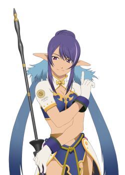 Rule 34 | 1girl, artist request, blue hair, breasts, cleavage, closed mouth, cowboy shot, game cg, gloves, holding, holding polearm, holding weapon, judith (tales), lance, large breasts, long hair, looking at viewer, multicolored hair, official art, pointy ears, polearm, purple eyes, purple hair, smile, solo, tales of (series), tales of asteria, tales of vesperia, third-party source, transparent background, twintails, two-tone hair, very long hair, weapon, white gloves