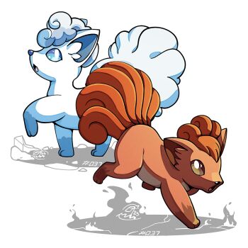 Rule 34 | alolan form, alolan vulpix, blue eyes, brown eyes, brown fur, commentary, english commentary, extra tails, fox, full body, gen 1 pokemon, gen 7 pokemon, mistray-art, nintendo, no humans, open mouth, pokemon, pokemon (creature), regional and normal, signature, simple background, tail, vulpix, white background, white fur