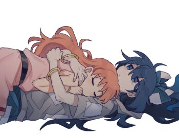 2girls bangle blue_bow blue_eyes blue_hair blue_skirt bow bracelet closed_eyes closed_mouth commentary_request dress grey_hoodie hair_bow hood hoodie hug jewelry long_hair lying multiple_girls no_headwear on_back orange_hair patchwork_clothes pink_dress re_ghotion short_sleeves siblings simple_background sisters skirt sleeping touhou very_long_hair white_background yorigami_jo'on yorigami_shion