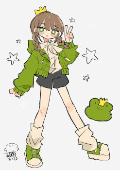 Rule 34 | 1girl, absurdres, black shorts, blush stickers, bow, bowtie, bright pupils, brown hair, cardigan, commentary request, crown, dot nose, frog, full body, green cardigan, green eyes, green shoes, hair between eyes, hand up, highres, long hair, long sleeves, looking at viewer, open cardigan, open clothes, open mouth, original, shirt, shoes, shorts, simple background, sneakers, socks, solo, standing, star (symbol), triangle mouth, uenae chiyiro, v, white background, white bow, white bowtie, white pupils, white shirt, white socks