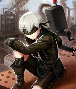 1boy 9s_(nier:automata) arm_on_knee black_boots black_choker black_gloves black_jacket black_shorts blindfold blue_sky boots buttons choker closed_mouth cloud cloudy_sky crane_(machine) day double-breasted facing_viewer factory game_cg gloves grey_hair jacket knee_up long_sleeves male_focus nier:automata nier_(series) official_art outdoors pendant_choker pod_(nier:automata) robot short_hair shorts sitting sky smile smoke smokestack solo third-party_source toji_no_miko toji_no_miko:_kizamishi_issen_no_tomoshibi