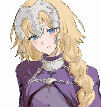 1girl blush braid capelet chain closed_mouth dress fate/apocrypha fate/grand_order fate_(series) headpiece highres jeanne_d&#039;arc_(fate) jeanne_d&#039;arc_(ruler)_(fate) long_hair looking_at_viewer nekwnek purple_capelet purple_dress simple_background smile solo white_background