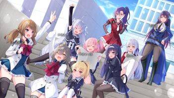 &gt;:) 6+girls :d ;d ^_^ absurdres ando_tazusa animal_print aqua_scrunchie arm_up assault_lily asymmetrical_bangs belt belt_buckle between_legs black_belt black_boots black_ribbon black_shirt black_shoes black_skirt black_thighhighs blonde_hair blue_skirt blue_sky blunt_bangs boots bow bowtie braid breasts brown_hair brown_pantyhose brown_sandals brown_shoes buckle building butterfly_hair_ornament center_frills closed_eyes closed_mouth cloud clover_hair_ornament commentary_request convenient_censoring cropped_jacket day detached_collar detached_sleeves dutch_angle earrings elbow_on_thigh four-leaf_clover_hair_ornament frilled_shirt_collar frilled_skirt frills funada_kiito garter_straps gift_art green_eyes grey_eyes grey_hair grey_thighhighs gungun_(hakutou7887) hair_between_eyes hair_bow hair_ornament hair_ribbon hair_scrunchie hairband hand_between_legs hand_on_lap hand_on_own_cheek hand_on_own_face hand_on_own_hip hand_up hands_up herensuge_girls_academy_school_uniform high-waist_skirt high_ponytail high_side_ponytail highres hitotsuyanagi_riri holding holding_newspaper honma_akehi hood hood_down iijima_renka itou_shizu_(assault_lily) jacket jewelry juliet_sleeves kanba_girls_high_school_uniform knee_boots knees_up kon_kanaho layered_sleeves legs_together long_hair long_sleeves looking_at_another looking_at_viewer low_side_ponytail medium_breasts miniskirt miriam_hildegard_von_gropius multiple_girls neck_ribbon necktie newspaper one_eye_closed one_side_up open_mouth outdoors outstretched_arms oversized_clothes pantyhose pink_hair ponytail print_thighhighs puffy_short_sleeves puffy_sleeves purple_eyes purple_hair purple_ribbon rabbit_print red_belt red_bow red_bowtie red_eyes red_skirt ribbon ring sandals sasaki_ran school_uniform scrunchie second-party_source serafuku shirt shoes short_hair short_necktie short_sleeves side_braid sidelocks single_braid sitting sitting_on_stairs skirt sky sleeves_past_fingers sleeves_past_wrists smile spread_legs stairs standing star_(symbol) star_hair_ornament thighband_pantyhose thighhighs twintails underbust v-shaped_eyebrows very_long_hair waist_cape white_bow white_hairband white_jacket white_necktie white_shirt white_thighhighs yellow_eyes yurigaoka_girls_academy_school_uniform zettai_ryouiki