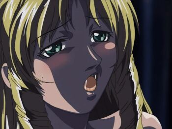 00s 2002 animated animated_gif bible_black bible_black_night_of_the_walpulgiss blonde_hair blush drill_hair drill_sidelocks drooling green_eyes implied_sex long_hair open_mouth shiraki_rika sidelocks solo tagme yandere
