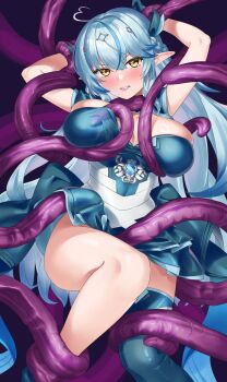 1girl ahoge arms_behind_head blue_background blue_dress blue_hair blue_thighhighs blush breasts cleavage cowboy_shot dress elf heart heart_ahoge highres hololive large_breasts long_hair multicolored_hair pink_hair pointy_ears restrained simple_background solo tentacles tentacles_under_clothes thighhighs two-tone_hair virtual_youtuber yellow_eyes yukihana_lamy yumemori_jabara
