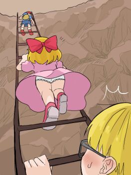 1girl 2boys ass backpack backwards_hat bag baseball_cap black_hair blonde_hair blue_shirt blue_shorts blush bow canyon card climbing denim denim_shorts dress glasses goma220617 hair_bow hat jeff_andonuts lace lace-trimmed_panties lace_trim ladder looking_at_ass mother_(series) mother_2 multiple_boys ness_(mother_2) nintendo panties paula_(mother_2) pink_dress playing_card red_bow red_hat red_shoes shirt shoes short_hair short_sleeves shorts socks surprised sweat underwear upskirt white_panties white_socks wind wind_lift