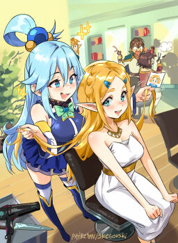 Rule 34 | 2boys, 3girls, :d, aqua (konosuba), bare arms, bare shoulders, blue hair, blue shirt, blue thighhighs, blush, bow, bowtie, breasts, cape, cutting another's hair, cutting hair, detached sleeves, dress, gem, green bow, green bowtie, green cape, green eyes, hair between eyes, hair focus, hair ornament, hair rings, hairclip, half updo, highres, holding, holding photo, indoors, knife, kono subarashii sekai ni shukufuku wo!, large breasts, link, long hair, megumin, mirror, multiple boys, multiple girls, nintendo, open mouth, parted bangs, photo (object), princess zelda, red dress, satou kazuma, scissors, shirt, sitting, skirt, smile, snegovski, sparkle, teeth, the legend of zelda, the legend of zelda: breath of the wild, thighhighs, watermark, web address, white dress, white thighhighs