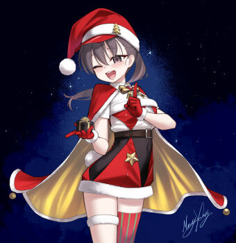 1girl ;d alphy box brown_eyes brown_hair cape christmas commentary_request fur-trimmed_gloves fur-trimmed_headwear fur-trimmed_skirt fur_trim gift gift_box gloves hand_up hat highres holding holding_gift index_finger_raised long_hair one_eye_closed open_mouth original ponytail rabbit_tail red_cape red_gloves red_hat red_skirt santa_hat shirt signature skirt sky smile solo standing star_(sky) star_(symbol) starry_sky tail visor_cap white_shirt