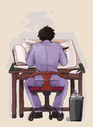Rule 34 | 1boy, black footwear, black hair, book, commentary request, concentrating, dashimaki (konbukahamusuta), from behind, full body, holding, holding pencil, horikoshi jirou, jacket, kaze tachinu, long sleeves, male focus, open book, pants, paper, pencil, purple jacket, purple pants, shoes, short hair, sitting, solo, table, trash can, working
