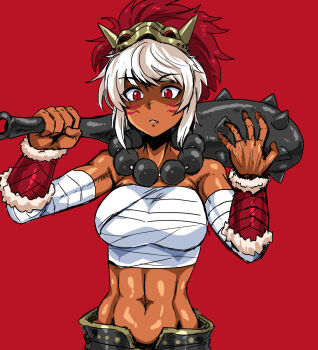 Rule 34 | 1girl, bandaged arm, bandages, bare shoulders, beads, bracer, braid, brown background, crossed arms, dark-skinned female, dark skin, facepaint, fang, female focus, fire emblem, fire emblem fates, frown, kitsune-tsuki (getter), looking at viewer, mask, mask on head, multicolored hair, navel, nintendo, red background, red eyes, red hair, rinkah (fire emblem), sarashi, short hair, simple background, slit pupils, solo, standing, swept bangs, tassel, two-tone hair, upper body, white hair