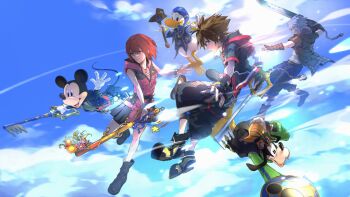 1girl 5boys absurdres badluck black_footwear black_jacket black_pants blue_hair blue_sky braveheart_(kingdom_hearts) brown_gloves brown_hair closed_mouth cloud cloudy_sky commentary day destiny&#039;s_embrace_(kingdom_hearts) dog_boy donald_duck dress duck_boy english_commentary fingerless_gloves floating furry furry_male gloves goofy green_shirt hat highres holding holding_shield holding_staff holding_weapon jacket kairi_(kingdom_hearts) keyblade kingdom_hearts kingdom_hearts_iii kingdom_key long_sleeves looking_at_viewer looking_to_the_side mickey_mouse mickey_mouse_&amp;_friends mouse_boy multiple_boys open_mouth outdoors pants pink_dress pleated_skirt red_hair riku_(kingdom_hearts) shield shirt short_hair skirt sky sleeveless smile sora_(kingdom_hearts) spiked_hair staff star_cluster weapon white_gloves white_hair white_shirt yellow_hat