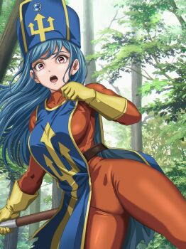 Rule 34 | 1girl, anri (holy), blue hair, blue tabard, bodystocking, bodysuit, commentary request, dragon quest, dragon quest iii, floating clothes, floating hair, forest, gloves, hat, highres, holding, holding staff, long hair, looking at viewer, mitre, nature, open mouth, orange bodysuit, outdoors, priest (dq3), red eyes, solo, staff, tabard, torn clothes, torn tabard, tree, yellow gloves