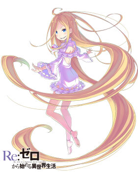 1girl absurdres ahoge back_cutout barefoot blonde_hair blue_eyes blush cape clenched_teeth clothing_cutout collared_dress commentary_request copyright_name dress floating floating_hair from_behind full_body highres long_hair long_sleeves looking_at_viewer louis_arneb official_art ootsuka_shin&#039;ichirou open_hands outstretched_arms re:zero_kara_hajimeru_isekai_seikatsu sharp_teeth short_dress simple_background smile soles solo spread_arms tachi-e teeth thighs title v-shaped_eyebrows very_long_hair white_background white_cape white_dress wide_sleeves