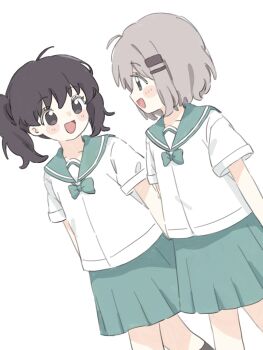 2girls :d aqua_bow aqua_bowtie aqua_sailor_collar aqua_skirt black_hair blush bow bowtie cha_(ntrikti) dutch_angle green_eyes grey_hair highres kuraue_hinata medium_hair multiple_girls open_mouth sailor_collar school_uniform shirt short_hair short_sleeves simple_background skirt smile twintails white_background white_shirt yama_no_susume yukimura_aoi