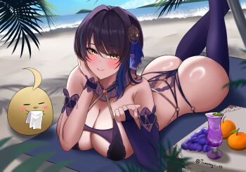 absurdres ass azur_lane beach black_hair breasts cleavage closed_mouth commentary dead_or_alive dead_or_alive_xtreme dead_or_alive_xtreme_venus_vacation drink elbow_gloves english_commentary food fruit gloves grapes highres huge_breasts lying manjuu_(azur_lane) medium_hair official_alternate_costume on_stomach orange_fruit_dove purple_gloves purple_thighhighs sand shandy_(an_enchanting_sip)_(doa) shandy_(doa) single_elbow_glove smile tamanegi20 thighhighs towel twitter_username water yellow_eyes