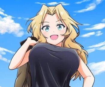 1girl bad_link black_shirt blonde_hair blue_eyes blush breasts girls_und_panzer katsuragi_(webmaster909) kay_(girls_und_panzer) large_breasts long_hair looking_at_viewer military_uniform open_mouth saunders_military_uniform shirt sky smile solo