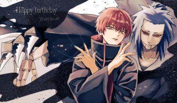 1boy akatsuki_uniform dated dd_mgmg hair_between_eyes happy_birthday highres jewelry long_sleeves looking_at_viewer male_focus naruto_(series) naruto_shippuuden parted_lips puppet puppet_strings red_eyes red_hair ring sasori_(naruto) short_hair solo third_kazekage upper_body wide_sleeves