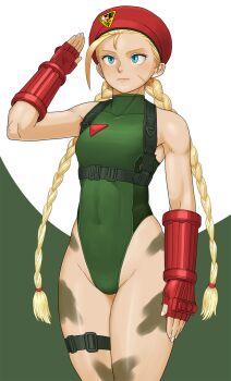 1girl badge beret blonde_hair blue_eyes bodypaint braid breasts cammy_white chest_harness commentary_request facial_scar fingerless_gloves gloves green_leotard harness hat heattech_leotard highleg highleg_leotard highres leotard low_twin_braids low_twintails medium_breasts red_gloves red_hat salute scar scar_on_cheek scar_on_face shigenobu solo street_fighter street_fighter_6 thigh_strap turtleneck twin_braids twintails