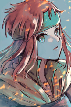 Rule 34 | 1girl, artist name, blue background, fire, green eyes, headband, jewelry, julia (tear ring saga), necklace, open mouth, red hair, solo, sparkle, sumeragi (black rose), tear ring saga, tear ring saga: yutona eiyuu senki