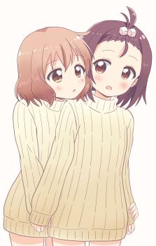 2girls :o behind_another blonde_hair blush brown_eyes brown_hair commentary couple cowboy_shot cube_hair_ornament gradient_eyes hair_ornament highres holding_hands honzoumiz looking_at_another multicolored_eyes multiple_girls no_pants ogawa_kokoro oomuro-ke short_hair simple_background souma_mirai sweater tareme thigh_peek turtleneck turtleneck_sweater white_background yellow_eyes yellow_sweater yuri yuruyuri