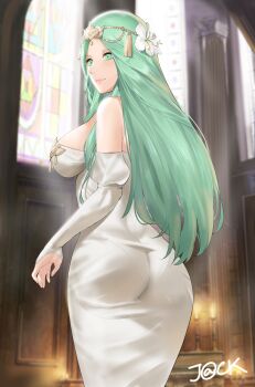 1girl aqua_eyes aqua_hair artist_name ass back backlighting bare_shoulders blurry blurry_background blush breasts church_interior circlet closed_mouth commentary cowboy_shot dress female_focus fire_emblem fire_emblem:_three_houses flower green_eyes green_hair hair_flower hair_ornament indoors j@ck juliet_sleeves large_breasts long_hair long_sleeves looking_to_the_side matching_hair/eyes nintendo off-shoulder_dress off_shoulder pantylines parted_bangs puffy_sleeves rhea_(fire_emblem) sideboob sleeves_past_wrists smile solo stained_glass strapless strapless_dress tassel very_long_hair white_dress white_flower window