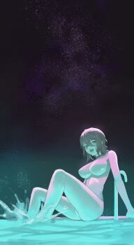 1girl absurdres alternate_breast_size_(larger) aqua_eyes blue_choker blue_hair breasts chainsaw_man choker commentary_request completely_nude full_body hair_between_eyes highres large_breasts looking_at_viewer night no_nipples nude open_mouth oro_(lsg0624) pool poolside purple_sky reze_(chainsaw_man) sitting sky soaking_feet solo splashing star_(sky) starry_sky tongue tongue_out water