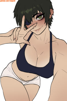 1girl bare_shoulders black_tank_top blush breasts chainsaw_man cleavage closed_mouth collarbone cowboy_shot eyelashes eyepatch eyeshadow green_eyes green_hair hair_over_one_eye highres himeno_(chainsaw_man) large_breasts lips looking_at_viewer makeup mole mole_under_mouth navel nose patreon_username selfie short_hair short_shorts shorts simple_background smile solo stomach stopu tank_top thighs v v_over_eye white_background white_shorts