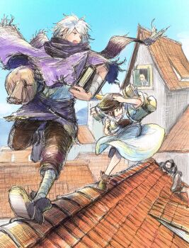 2boys 2girls backpack bag blue_sky brown_hair brown_hat cloak commentary_request hat highres house multiple_boys multiple_girls octopath_traveler octopath_traveler_i on_rooftop outdoors purple_cloak qqqqqli running sky therion_(octopath_traveler) tressa_(octopath_traveler) tressa_colzione