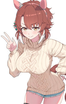 1girl absurdres alternate_costume animal_ears blue_shorts blush breasts commentary_request dantsu_flame_(umamusume) ear_covers highres horse_ears horse_girl horse_tail large_breasts looking_at_viewer multicolored_hair short_hair short_shorts shorts simple_background smile solo sweater tail take978733141 thighs turtleneck turtleneck_sweater two-tone_hair umamusume v white_background white_hair white_sweater yellow_eyes