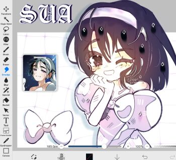 Rule 34 | 1girl, alien stage, art program in frame, black eyes, bow, character name, choppy bangs, cirsqn, commentary, deformed, dress, english commentary, gloves, hair ornament, hairband, hand on own chin, hand up, head rest, highres, looking at viewer, one eye closed, puffy short sleeves, puffy sleeves, purple eyes, purple hair, reference inset, short hair, short sleeves, smile, sua (alien stage), white bow, white dress, white gloves, white hairband