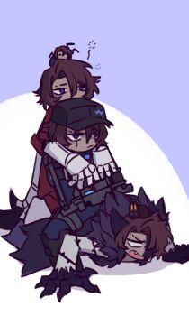 4boys aedd_(e.g.o) animal_ears animal_hands animalization barbed_wire baseball_cap black_hat blue_pants blue_shirt brown_hair closed_mouth e.g.o_(project_moon) hair_between_eyes hat heathcliff_(project_moon) jacket limbus_company mercuryhx multicrack_office_(identity)_(project_moon) multiple_boys pants parted_bangs project_moon purple_eyes r_corp._(identity)_(project_moon) rabbit red_jacket scar scar_across_eye scar_on_face shirt tail telepole_(e.g.o) wolf_ears wolf_tail