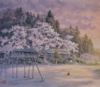 absurdres building cherry_blossoms dawn flower forest highres house nature no_humans original outdoors purple_flower scenery shadow sunlight sunrise swing_set tanamachi_yoshihiro