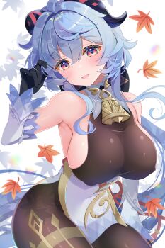 1girl absurdres ahoge alternate_breast_size_(larger) autumn_leaves bare_shoulders bell black_gloves blue_hair blush bodystocking breasts commentary_request cowbell detached_sleeves ganyu_(genshin_impact) genshin_impact gloves goat_horns hair_between_eyes highres horns koharutoki02 large_breasts leaf leotard leotard_under_clothes looking_at_viewer neck_bell pantyhose partial_commentary purple_eyes sidelocks solo white_background