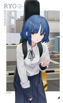 1girl absurdres blue_hair bocchi_the_rock! gigbag hair_ornament highres instrument instrument_case instrument_on_back kit mole mole_under_eye open_mouth road school_uniform shirt short_hair skirt street v white_background white_shirt yamada_ryo yellow_eyes