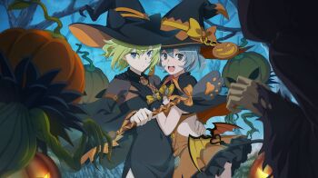 2girls :d animal_ear_headwear arm_belt back_cutout belt black_capelet black_dress black_gloves black_hat blue_eyes bow breast_press breasts brown_belt capelet closed_mouth clothing_cutout covered_navel danmachi_battle_chronicle dress dungeon_ni_deai_wo_motomeru_no_wa_machigatteiru_darou_ka elf fake_animal_ears frilled_dress frills game_cg gloves green_hair grey_eyes grey_hair hair_bow halloween_costume hand_on_another&#039;s_back hand_on_another&#039;s_chest hand_on_another&#039;s_shoulder hat highres holding holding_wand jack-o&#039;-lantern looking_at_viewer medium_breasts monster multiple_girls non-web_source official_alternate_costume official_art open_mouth orange_bow orange_dress pointy_ears ryu_lion short_hair small_breasts smile surrounded syr_flover wand wide_sleeves witch_hat