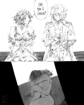 1boy 1girl aglaea_(honkai:_star_rail) anaxa_(honkai:_star_rail) are_you_a_virgin?_(meme) breasts cleavage closed_mouth coat commentary dress english_commentary english_text eyepatch girl_on_top gloves greyscale hetero highres holding holding_vial honkai:_star_rail honkai_(series) hug implied_kiss implied_sex laurel_crown light_smile long_hair meme monochrome nude parted_lips rayuuuuu short_hair sitting spilling vial