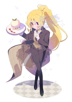 1girl black_pants black_shoes blonde_hair blush brown_jacket brown_necktie brown_vest checkered_floor closed_mouth collared_shirt commentary_request cupcake dot_nose food full_body gloves hair_between_eyes highres holding holding_tray jacket long_hair long_sleeves looking_at_viewer magia_record:_mahou_shoujo_madoka_magica_gaiden mahou_shoujo_madoka_magica necktie open_clothes open_jacket pants ponytail serizawa_serizane shirt shoes simple_background smile solo sparkle standing togame_momoko tray v-shaped_eyebrows vest watermark white_background white_gloves white_shirt