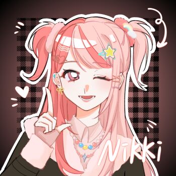 1girl arrow_(symbol) bead_necklace beads black_jacket bright_pupils brown_background chinese_commentary chiyue_(xinjinjumin896739821996) collared_shirt commentary_request copyright_name ear_piercing eyelashes fingerless_gloves fur-trimmed_jacket fur-trimmed_sleeves fur_trim gloves gyaru hair_ornament hair_scrunchie hairclip happy heart heart_hair_ornament highres infinity_nikki jacket jewelry light_blush lipstick long_hair long_sidelocks long_sleeves lower_teeth_only makeup multicolored_hair necklace nikki_(series) notice_lines one_eye_closed open_mouth outline outside_border parallel_hairclips piercing pink_eyes pink_gloves pink_hair pink_lips pink_scrunchie pink_shirt plaid_background pointing pointing_up rainbow_hair_ornament ribbon ribbon_earrings rosie_sweetheart_(infinity_nikki) scrunchie shirt sidelocks smile solo split-color_hair star_(symbol) star_hair_ornament teeth two_side_up upper_body very_long_hair white_outline white_pupils x_hair_ornament y2k_fashion yellow_ribbon