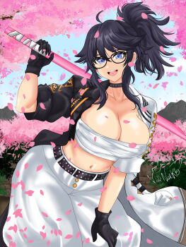 1girl absurdres black_coat black_gloves black_hair blue_eyes cherry_blossoms chest_sarashi coat commentary english_commentary glasses gloves high_ponytail highres holding holding_sword holding_weapon indie_virtual_youtuber kson long_hair mole mole_under_eye multicolored_coat no_shirt open_clothes open_coat pants petals pink_petals ponytail sarashi signature solo souchou sword tongue tongue_out valneeko virtual_youtuber weapon white_coat white_pants wooden_sword