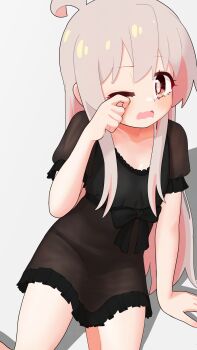 1girl ahoge bare_arms bare_legs black_nightgown blush brown_eyes collarbone colored_inner_hair commentary frills grey_background grey_hair happyundergate highres long_hair multicolored_hair nightgown onii-chan_wa_oshimai! oyama_mahiro pink_hair rubbing_eyes simple_background sitting solo tearing_up two-tone_hair wavy_mouth