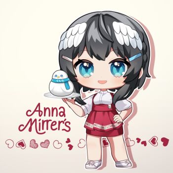 Rule 34 | 1girl, :d, animal, anna miller, bird, black hair, blue eyes, blush, brown background, chibi, commentary request, feathered wings, full body, hair ornament, hairclip, hand on own hip, head wings, heart, highres, holding, holding tray, indie virtual youtuber, kurata rine, kurata rine (vtuber), looking at viewer, open mouth, plate, puffy short sleeves, puffy sleeves, red skirt, shirt, shoes, short sleeves, simple background, skirt, smile, socks, solo, standing, tray, virtual youtuber, waitress, white shirt, white shoes, white socks, white wings, wings