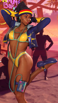 1girl 3d abs ass bikini black_hair breasts brown_eyes colored_tips crop_top dark-skinned_female dark_skin earphones hairband highres jacket kimberly_jackson long_hair looking_to_the_side multicolored_hair navel official_alternate_costume open_clothes open_jacket quad_braids ryona smile solo standing standing_on_one_leg street_fighter street_fighter_6 swimsuit thighs very_dark_skin yellow_bikini