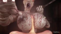 1boy 1girl 3d almightypatty animated artist_name at_knifepoint bandaged_arm bandaged_head bandaged_leg bandages bandages_over_eyes blindfold blood blood_stain breasts brown_eyes brown_hair clothes_pull colored_skin grey_skin hat heavy_breathing hetero highres holding holding_knife hospital huge_breasts kneeling knife monster_girl night nipples nude nurse nurse_(silent_hill) nurse_cap open_mouth outdoors paizuri pants pants_pull penis pov silent_hill sound threat tongue tongue_out uncensored video video