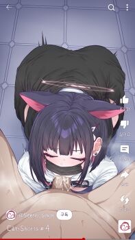 1boy 1girl animal_ears black_hair black_jacket blue_archive cat_ears closed_eyes clothes_around_waist colored_inner_hair commentary cum cum_in_mouth cum_overflow doodle_sensei_(blue_archive) earrings english_commentary fellatio hair_ornament hairclip halo hetero highres jacket jacket_around_waist jewelry kazusa_(band)_(blue_archive) kazusa_(blue_archive) lee_mae_hyang mask mouth_mask multicolored_hair oral penis pink_hair sensei_(blue_archive) shirt short_hair solo_focus stud_earrings translation_request uncensored user_interface white_shirt