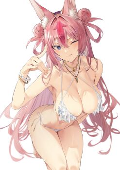 1girl animal_ear_fluff animal_ears bare_shoulders bikini blue_eyes blush bracelet breasts cleavage closed_mouth collarbone double_bun hair_bun hanayono_menora hand_up highres hiiragi_yuuichi indie_virtual_youtuber jewelry large_breasts leaning_forward long_hair looking_at_viewer one_eye_closed pink_hair second-party_source side-tie_bikini_bottom simple_background smile solo swimsuit thighs virtual_youtuber white_background white_bikini