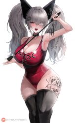 Rule 34 | 1girl, black thighhighs, blush, breasts, collar, curvy, eyepatch, grey hair, hair ornament, hairclip, havoc-chan, highres, holding riding crop, large breasts, leg tattoo, leotard, looking at viewer, open mouth, original, red eyes, red leotard, riding crop, solo, suou-sensei, tattoo, thick thighs, thighhighs, thighs, twintails, white background, wide hips