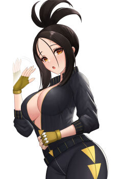 Rule 34 | 1girl, abeen jhong, absurdres, black track suit, blush, breasts, cleavage, dendra (pokemon), fingerless gloves, gloves, high ponytail, highres, large breasts, looking at viewer, nintendo, open mouth, orange eyes, pants, pokemon, pokemon sv, ponytail, scar, scar on face, sidelocks, track pants, track suit, unzipped, unzipping, waving, yellow gloves