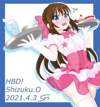 1girl aqua_eyes artist_name artist_request blue_eyes blush bow bowtie breasts brown_hair cake collared_dress cross-laced_clothes cross-laced_dress cup cupcake dress drinking_glass elbow_gloves embarrassed female_focus food frilled_dress frills gloves hair_between_eyes hair_bow high_ponytail highres holding holding_plate ice ice_cube long_hair looking_at_viewer love_live! love_live!_nijigasaki_high_school_idol_club love_live!_school_idol_festival medium_breasts osaka_shizuku parted_lips pink_bow pink_skirt plate ponytail puffy_short_sleeves puffy_sleeves reaction short_sleeves skirt smile solo star_(symbol) star_print sweatdrop teacup two-tone_skirt white_dress white_gloves white_legwear white_skirt