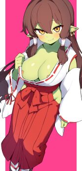 1girl absurdres blush breasts brown_hair character_request cleavage closed_mouth clothing_cutout colored_skin detached_sleeves ear_piercing fang female_goblin goblin green_skin hair_between_eyes hair_tubes hakama highres hip_vent japanese_clothes large_breasts lettu long_hair looking_at_viewer miko monster_girl ofuda ofuda_on_nipples orange_eyes pasties piercing pointy_ears red_hakama ribbon-trimmed_sleeves ribbon_trim simple_background solo trickcal very_long_hair wide_sleeves